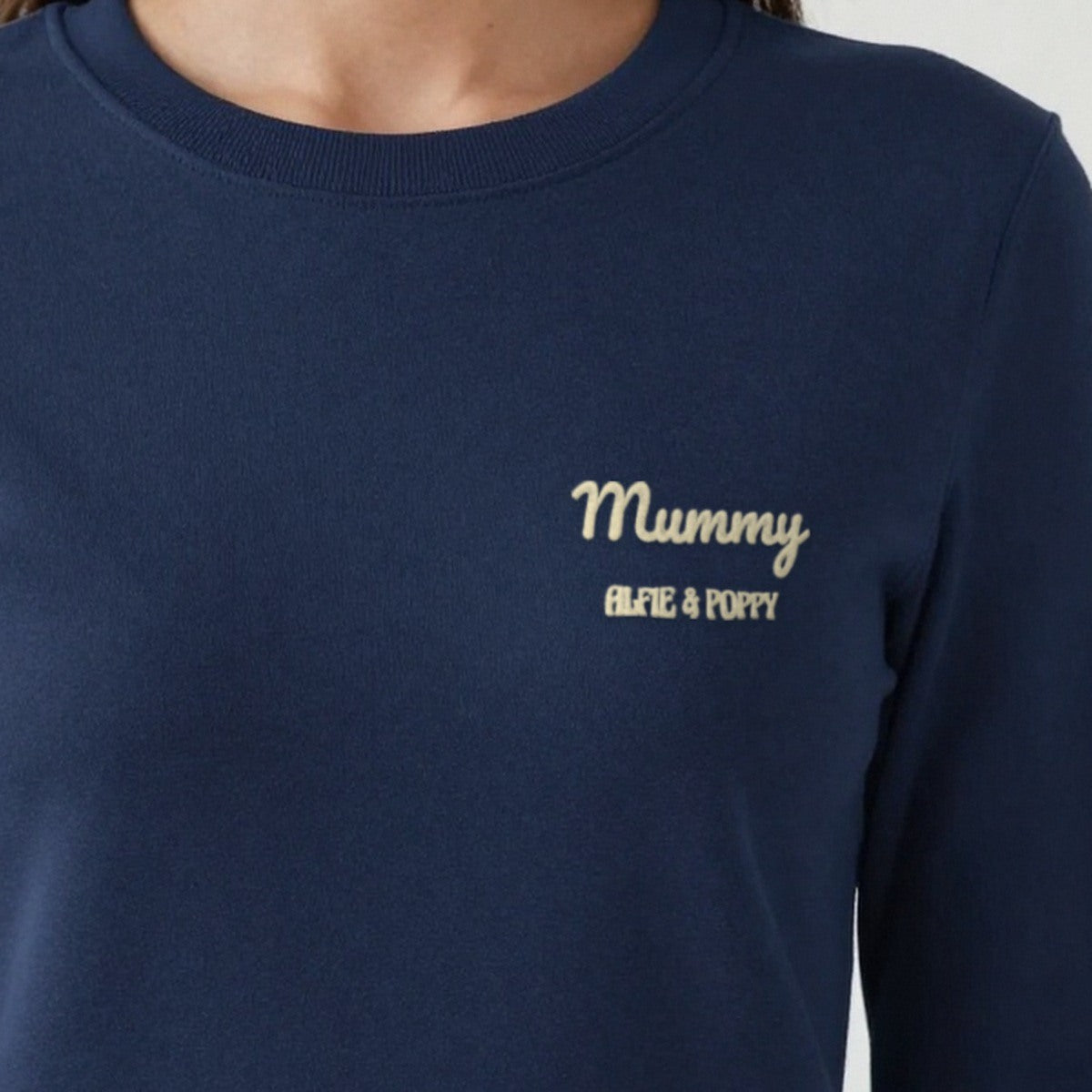 Mummy Sweatshirt with Kids Names, adult sweatshirt in navy, embroidered