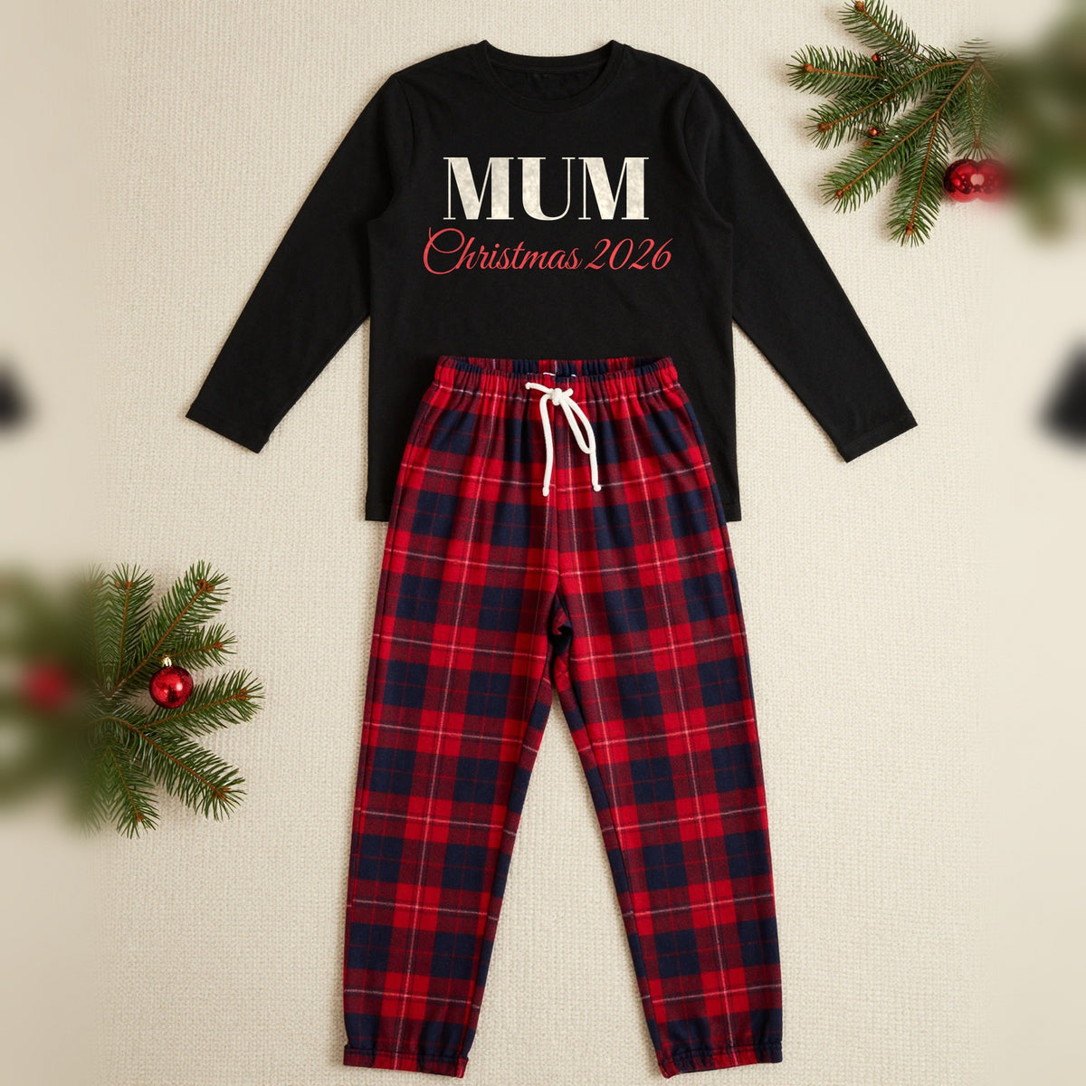 Name Christmas 2026 Personalised Christmas Pyjamas, Adult in Black / Red Tartan, our photo
