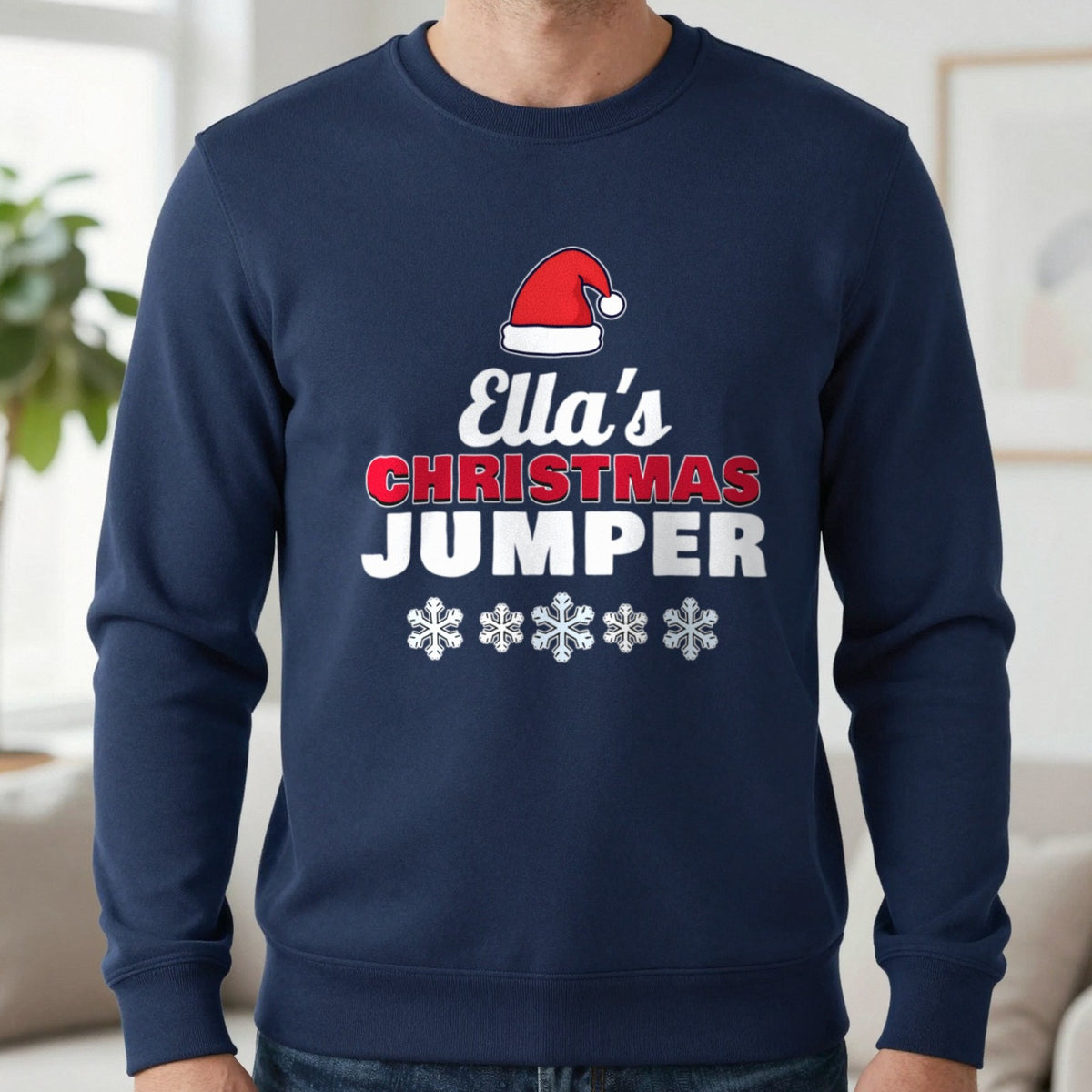 Personalised Name's Christmas Jumper Sweatshirt in Navy, worn, our photo