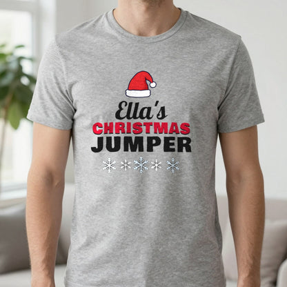 Personalised Name's Christmas Jumper T-Shirt in Sport Grey, worn, our photo