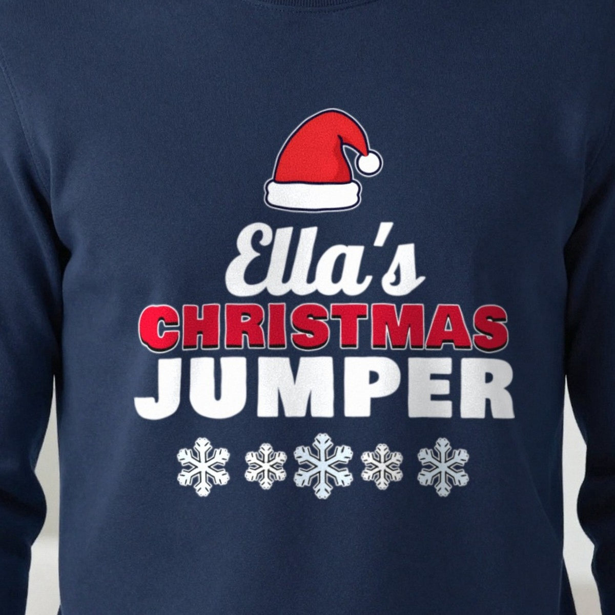 Personalised Name's Christmas Jumper print close-up, our photo