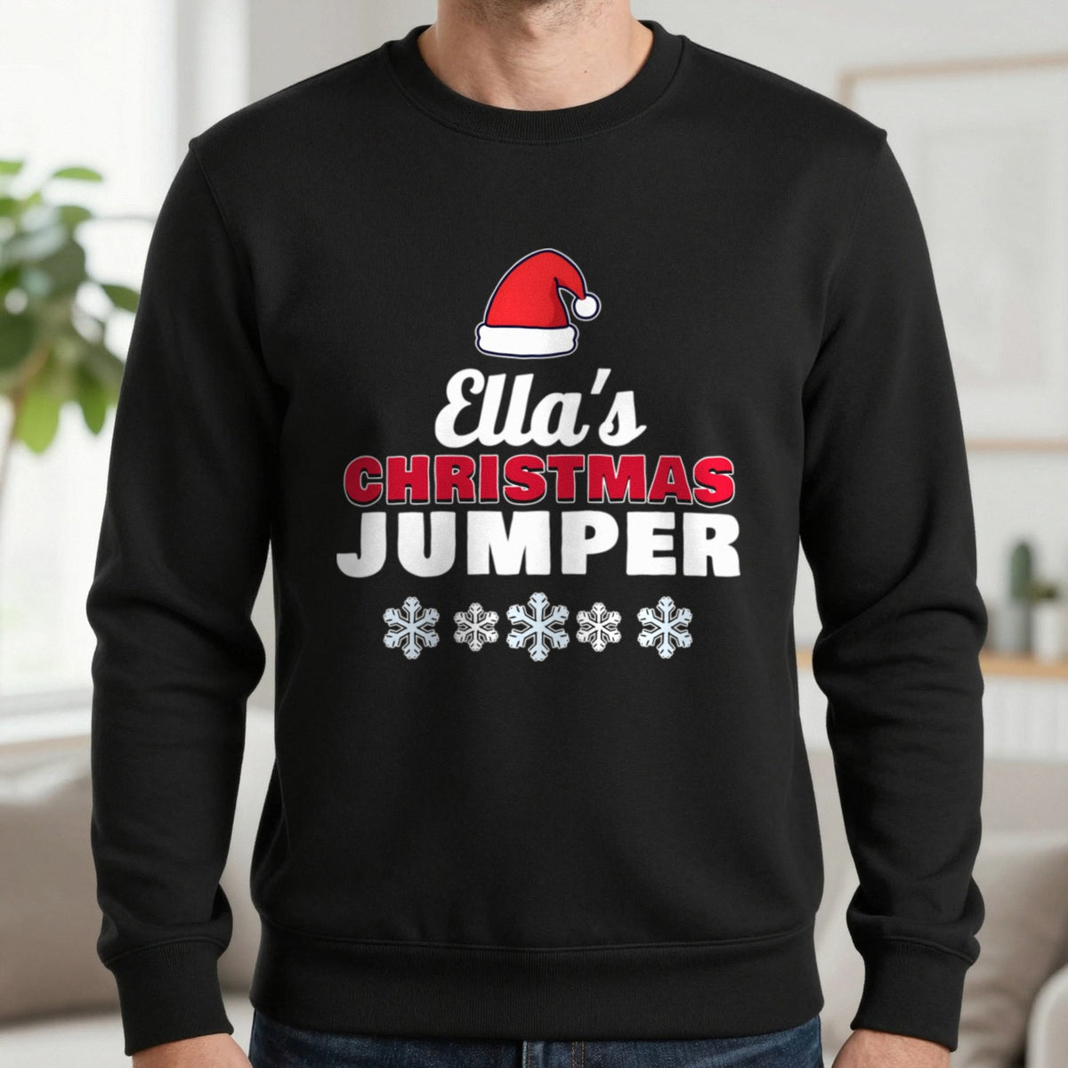 Personalised Name's Christmas Jumper Sweatshirt in Black, worn, our photo