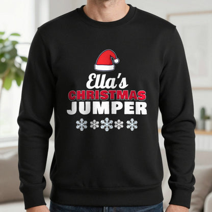 Personalised Name's Christmas Jumper Sweatshirt in Black, worn, our photo