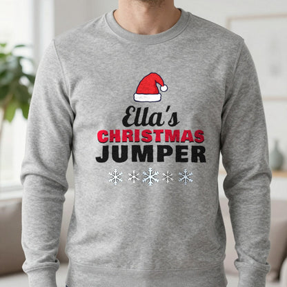 Personalised Name's Christmas Jumper Sweatshirt in Sport Grey, worn, our photo