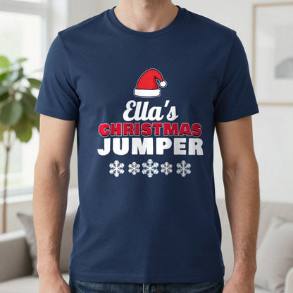 Personalised Name's Christmas Jumper T-Shirt in Navy, worn, our photo