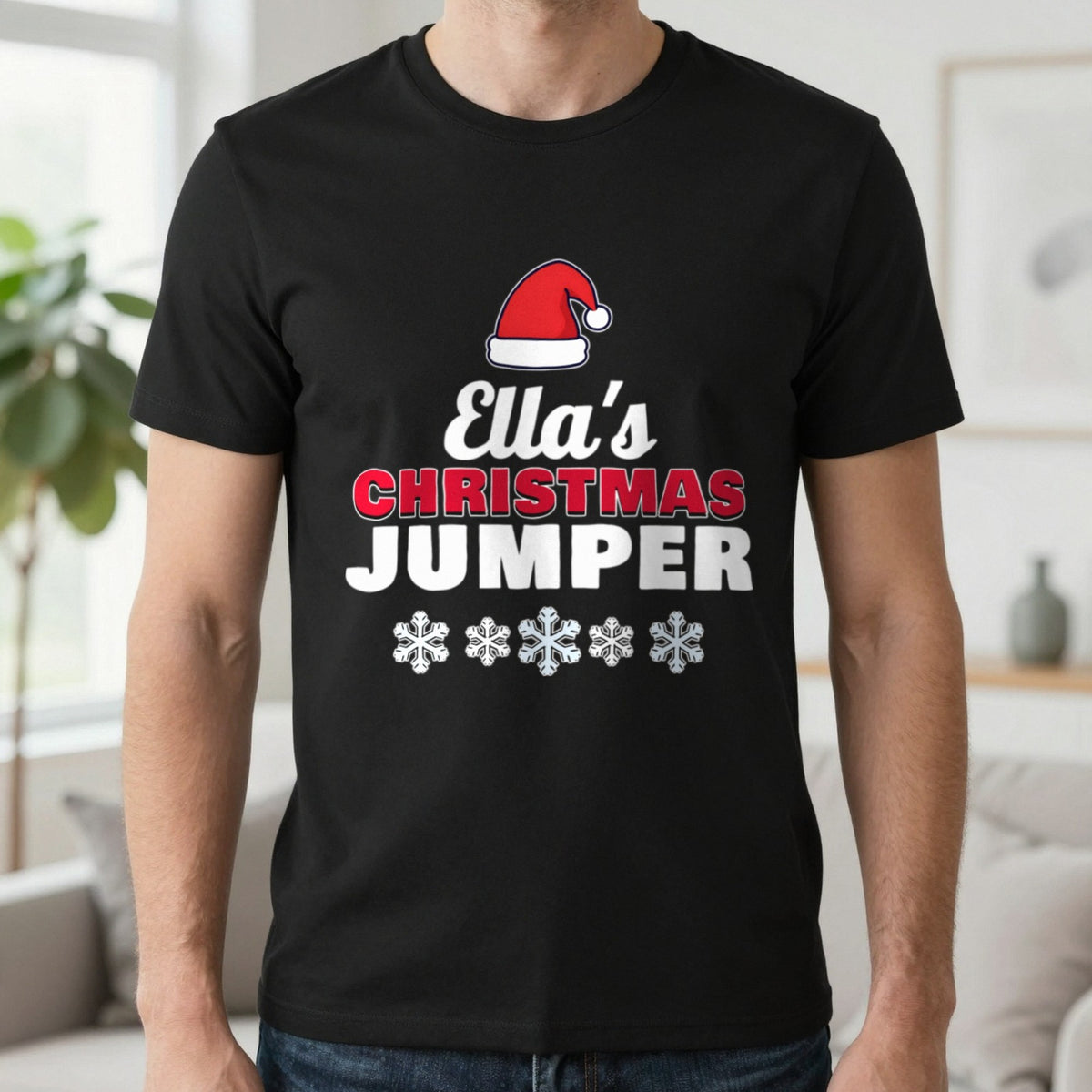 Personalised Name's Christmas Jumper T-Shirt in Black, worn, our photo