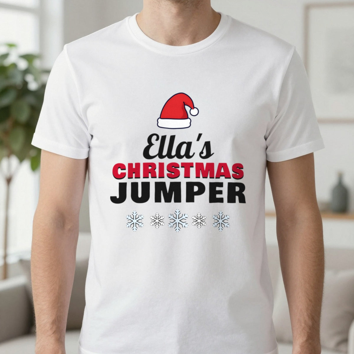 Personalised Name's Christmas Jumper T-Shirt in White, worn, our photo