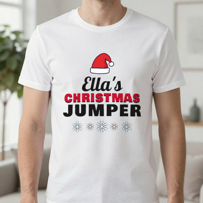 Personalised Name's Christmas Jumper T-Shirt in White, worn, our photo