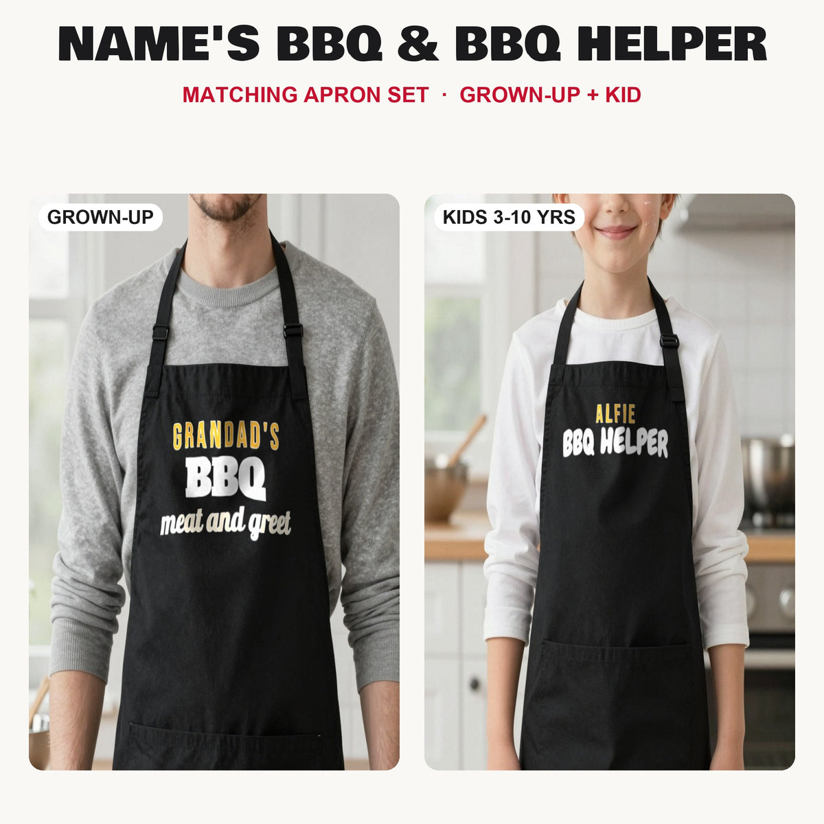 Name's BBQ & BBQ Helper matching apron set in Black: grown-up and kids aprons, our photo