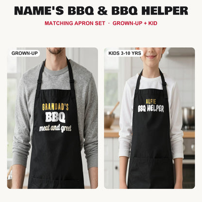 Name's BBQ & BBQ Helper matching apron set in Black: grown-up and kids aprons, our photo