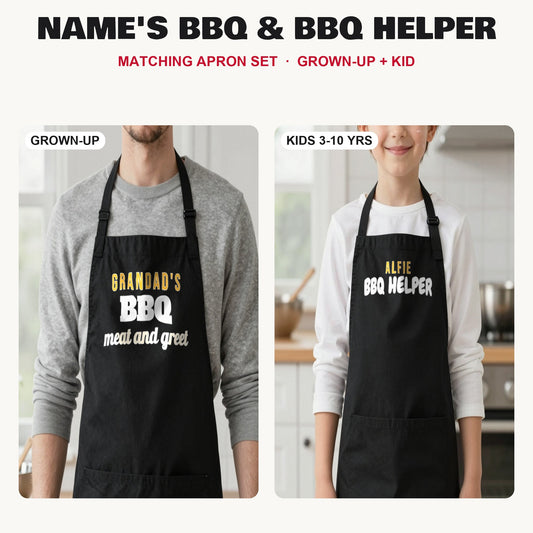 Name's BBQ & BBQ Helper matching apron set in Black: grown-up and kids aprons, our photo