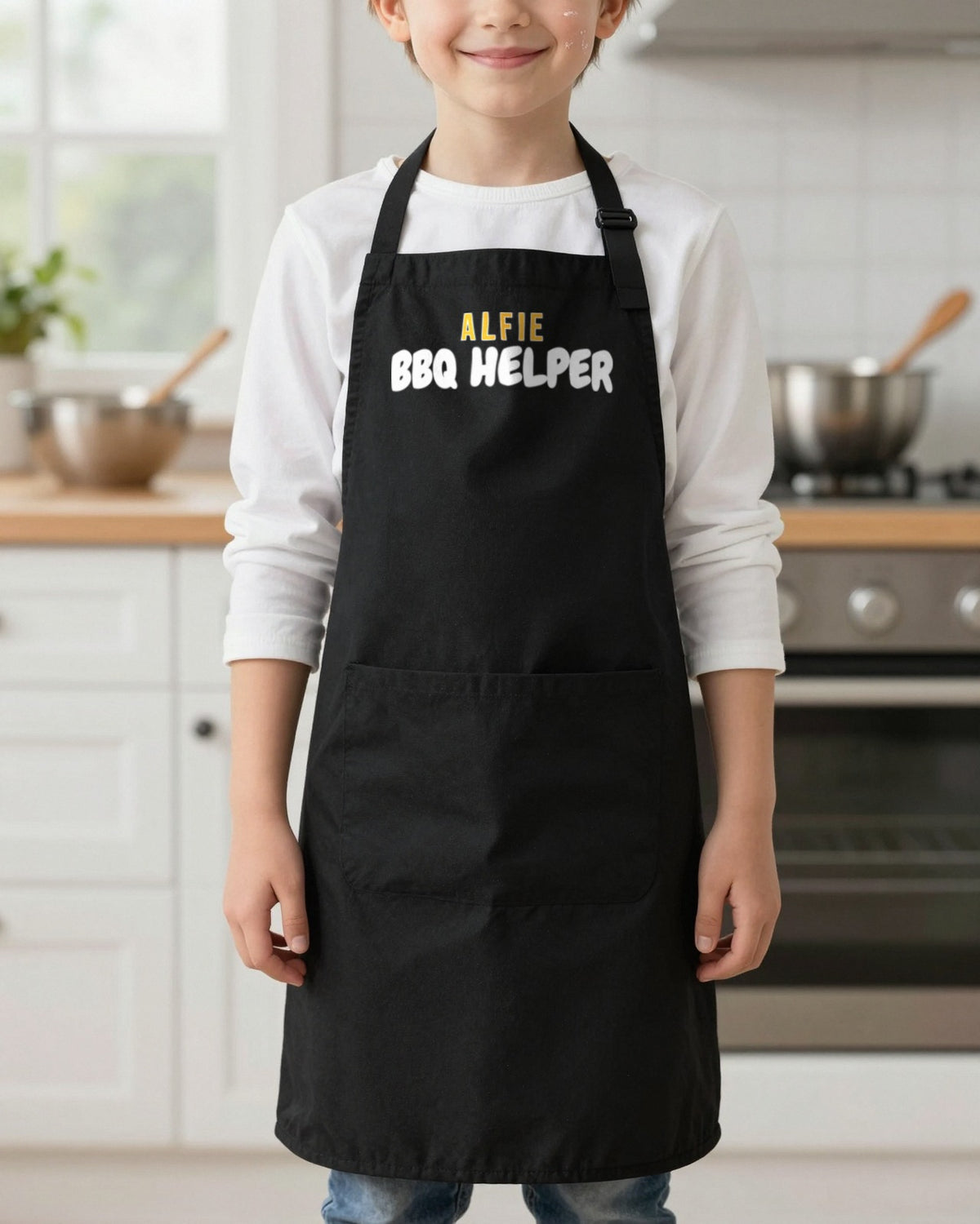 Name's BBQ & BBQ Helper kids apron, worn