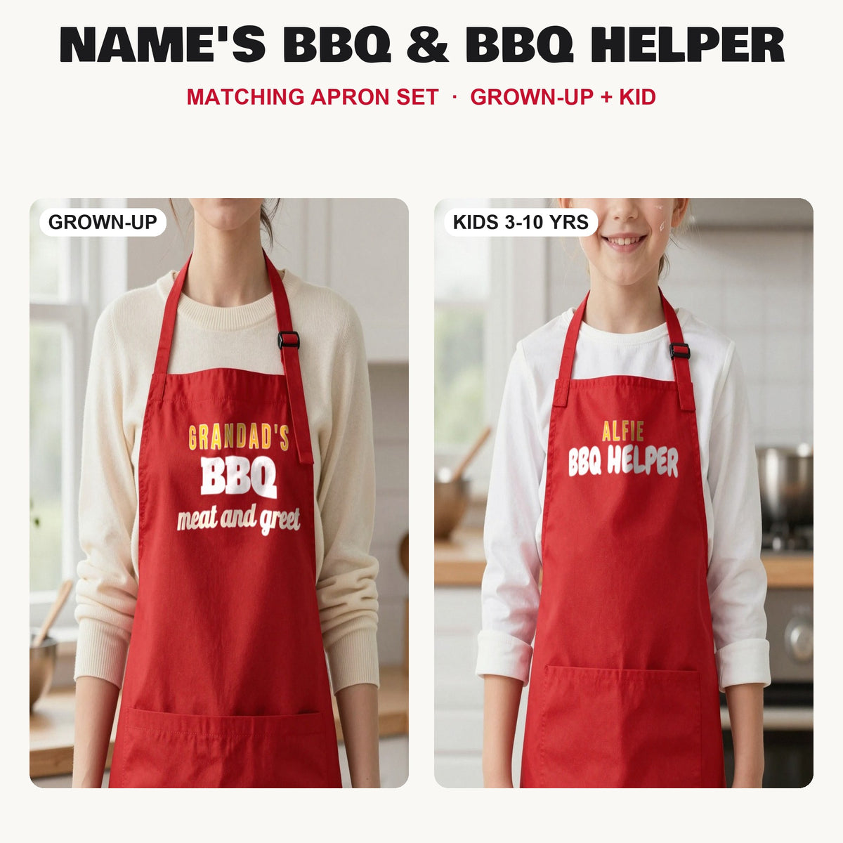 Name's BBQ & BBQ Helper matching apron set in Red: grown-up and kids aprons, our photo