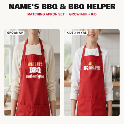 Name's BBQ & BBQ Helper matching apron set in Red: grown-up and kids aprons, our photo