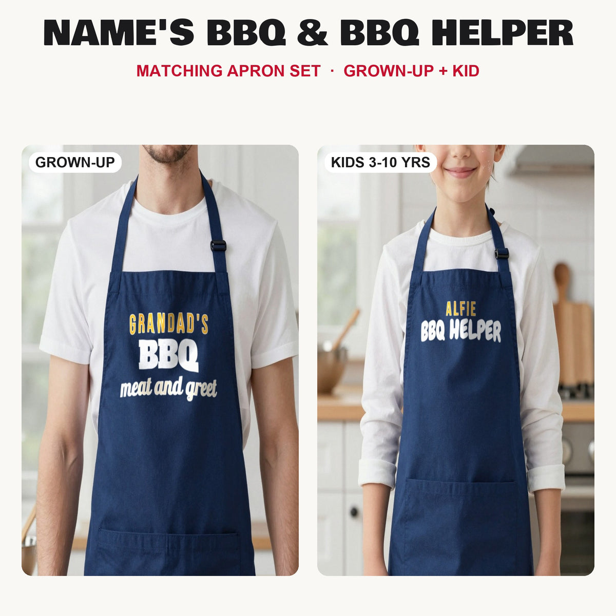 Name's BBQ & BBQ Helper matching apron set in Navy: grown-up and kids aprons, our photo