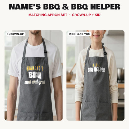 Name's BBQ & BBQ Helper matching apron set in Dark Grey: grown-up and kids aprons, our photo