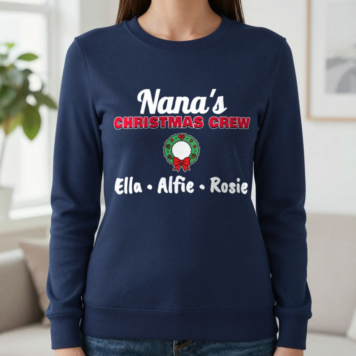 Personalised Nana's Christmas Crew Jumper & T-Shirt Sweatshirt in Navy, worn, our photo
