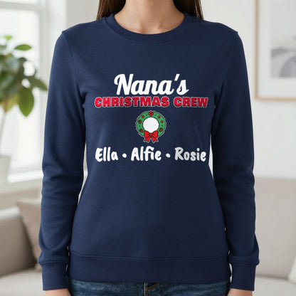 Personalised Nana's Christmas Crew Jumper & T-Shirt Sweatshirt in Navy, worn, our photo