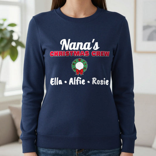 Personalised Nana's Christmas Crew Jumper & T-Shirt Sweatshirt in Navy, worn, our photo