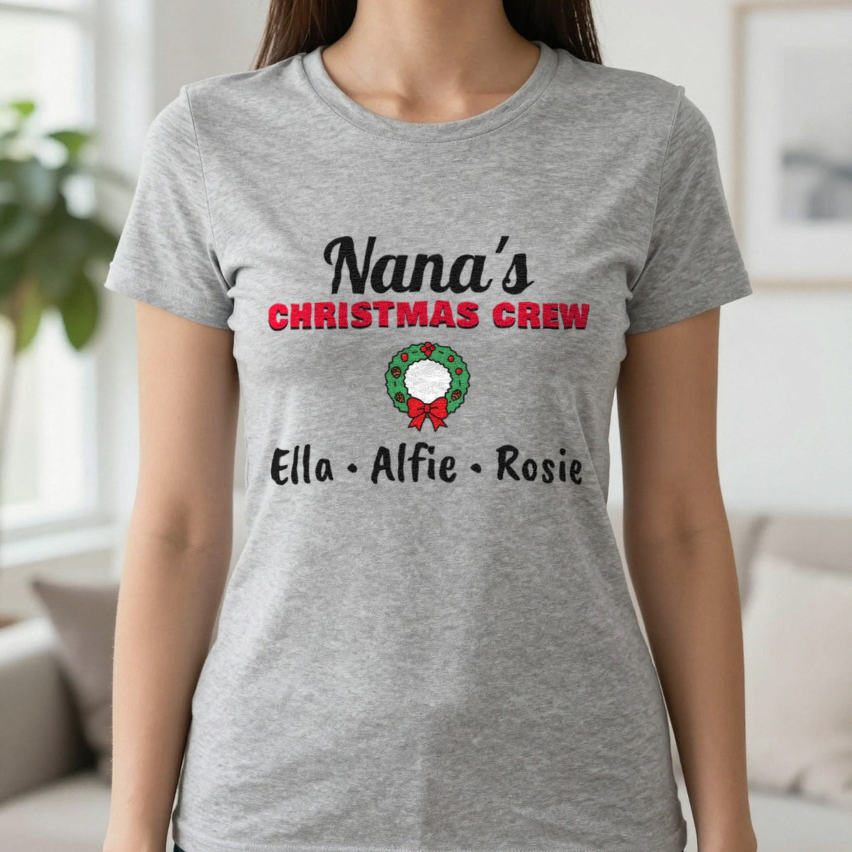 Personalised Nana's Christmas Crew Jumper & T-Shirt T-Shirt in Sport Grey, worn, our photo