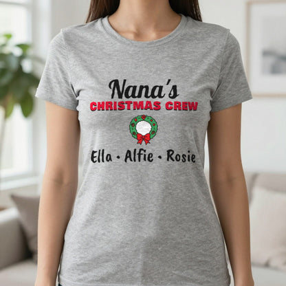 Personalised Nana's Christmas Crew Jumper & T-Shirt T-Shirt in Sport Grey, worn, our photo