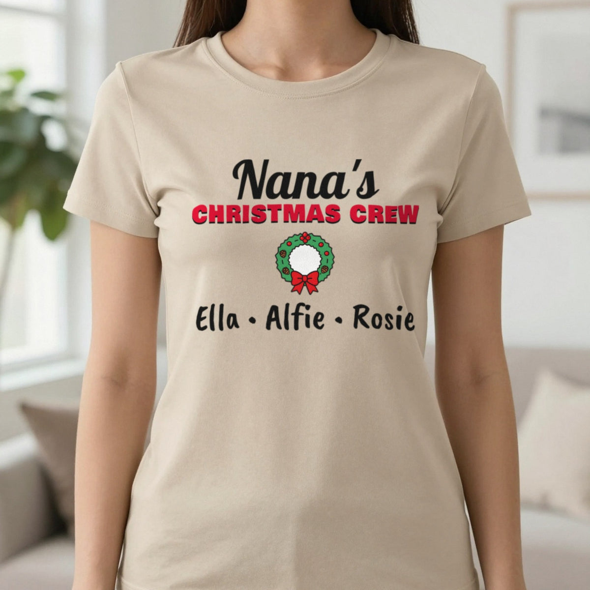 Personalised Nana's Christmas Crew Jumper & T-Shirt T-Shirt in Sand, worn, our photo