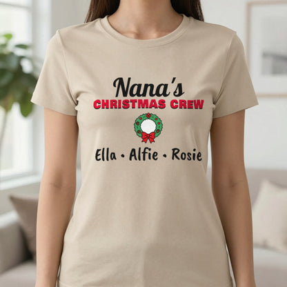 Personalised Nana's Christmas Crew Jumper & T-Shirt T-Shirt in Sand, worn, our photo