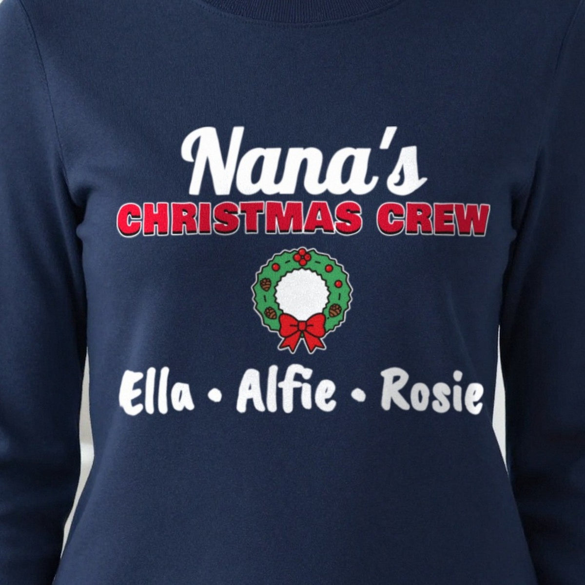 Personalised Nana's Christmas Crew Jumper & T-Shirt print close-up, our photo