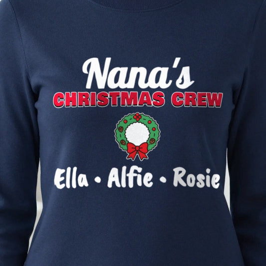 Personalised Nana's Christmas Crew Jumper & T-Shirt print close-up, our photo