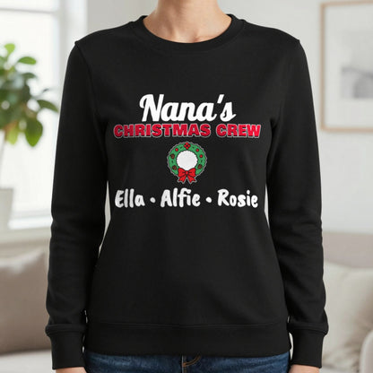 Personalised Nana's Christmas Crew Jumper & T-Shirt Sweatshirt in Black, worn, our photo