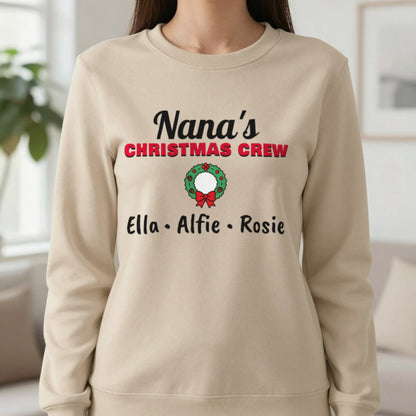 Personalised Nana's Christmas Crew Jumper & T-Shirt Sweatshirt in Sand, worn, our photo