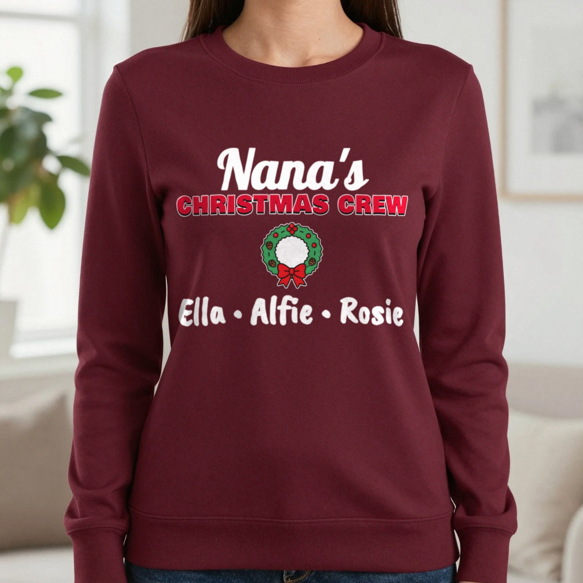 Personalised Nana's Christmas Crew Jumper & T-Shirt Sweatshirt in Maroon, worn, our photo