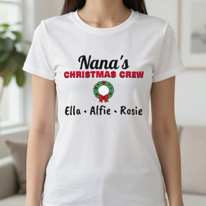 Personalised Nana's Christmas Crew Jumper & T-Shirt T-Shirt in White, worn, our photo