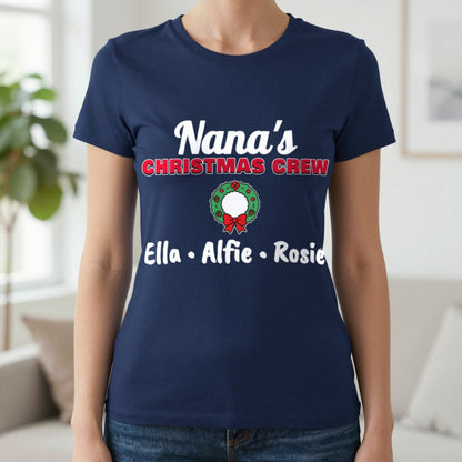 Personalised Nana's Christmas Crew Jumper & T-Shirt T-Shirt in Navy, worn, our photo