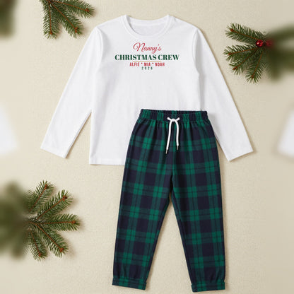 Nanny's Christmas Crew Personalised Matching Family Christmas Pyjamas Set, Adult in White / Green Tartan, our photo
