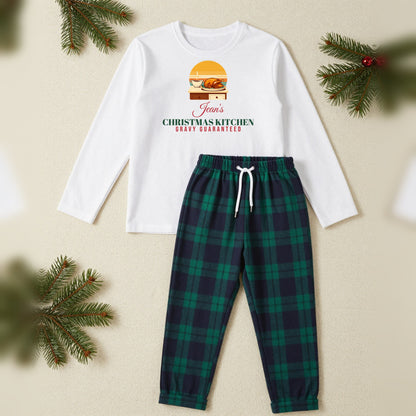 Nanny's Christmas Kitchen Personalised Christmas Pyjamas, Adult in White / Green Tartan, our photo