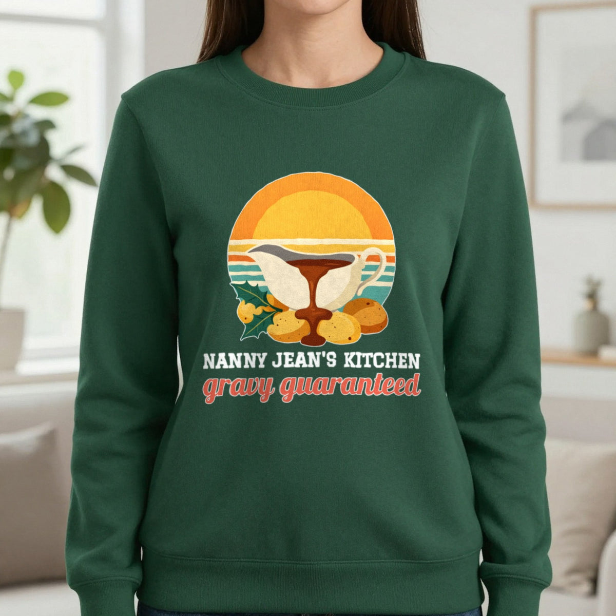 Personalised Nanny Christmas Kitchen Christmas Jumper & T-Shirt Sweatshirt in Forest Green, worn, our photo