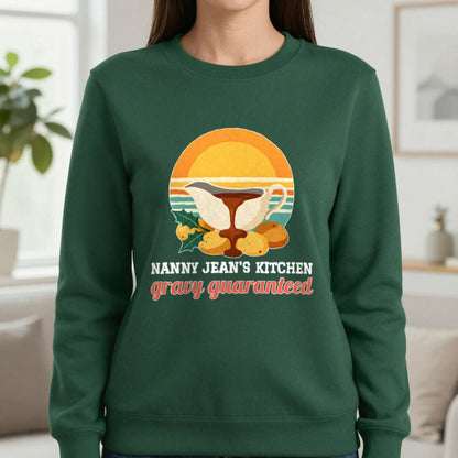 Personalised Nanny Christmas Kitchen Christmas Jumper & T-Shirt Sweatshirt in Forest Green, worn, our photo