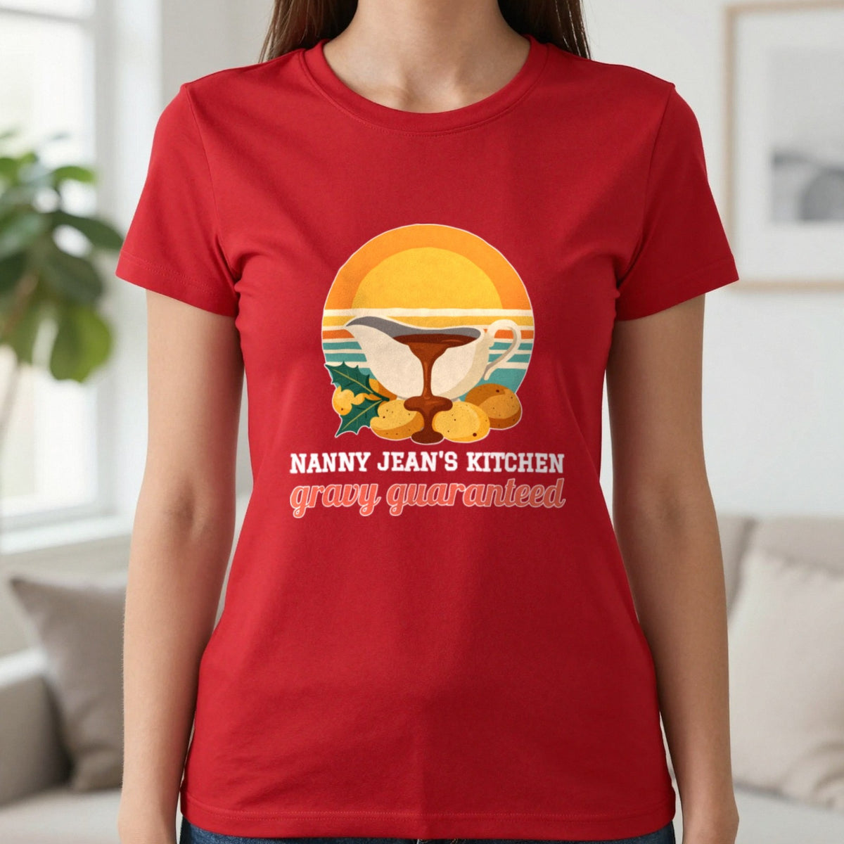 Personalised Nanny Christmas Kitchen Christmas Jumper & T-Shirt T-Shirt in Red, worn, our photo