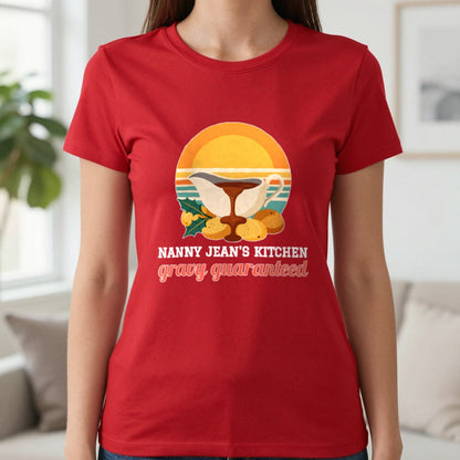 Personalised Nanny Christmas Kitchen Christmas Jumper & T-Shirt T-Shirt in Red, worn, our photo