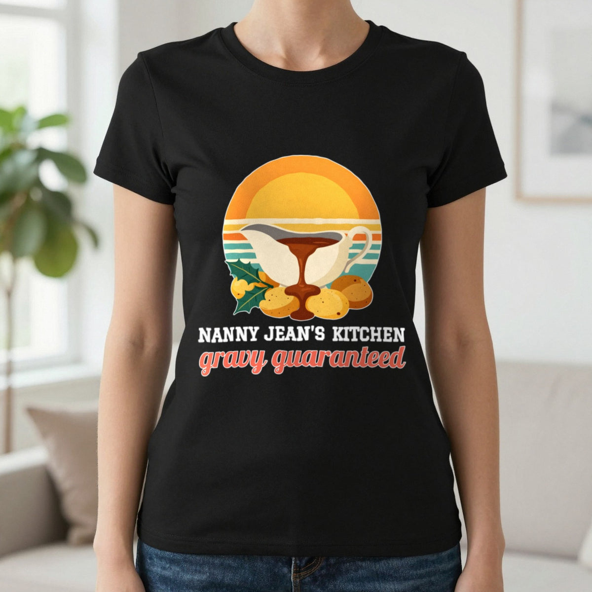 Personalised Nanny Christmas Kitchen Christmas Jumper & T-Shirt T-Shirt in Black, worn, our photo