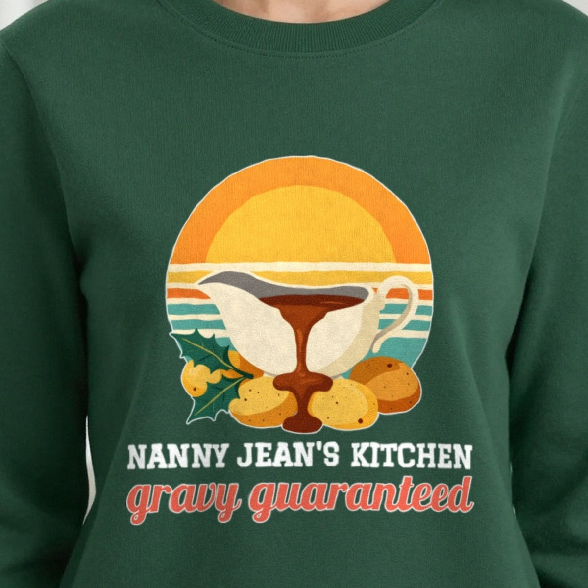 Personalised Nanny Christmas Kitchen Christmas Jumper & T-Shirt print close-up, our photo