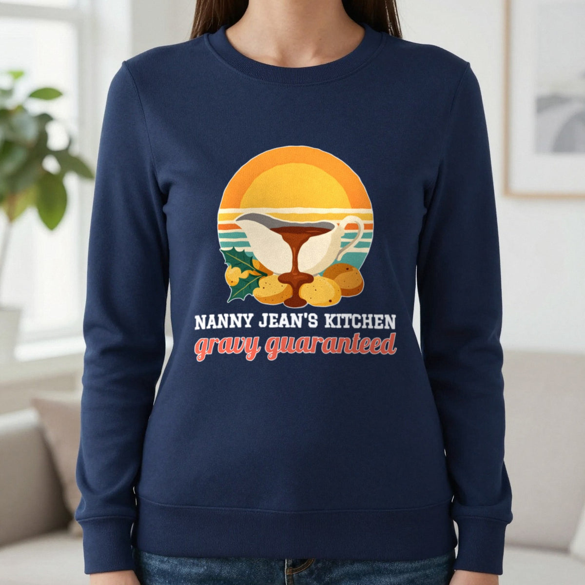 Personalised Nanny Christmas Kitchen Christmas Jumper & T-Shirt Sweatshirt in Navy, worn, our photo