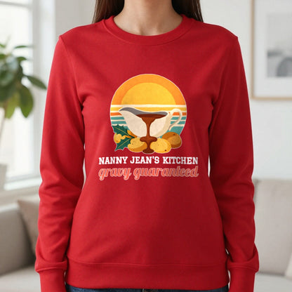 Personalised Nanny Christmas Kitchen Christmas Jumper & T-Shirt Sweatshirt in Red, worn, our photo