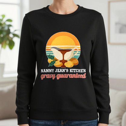 Personalised Nanny Christmas Kitchen Christmas Jumper & T-Shirt Sweatshirt in Black, worn, our photo