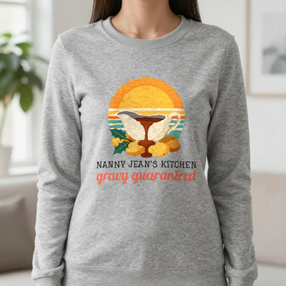 Personalised Nanny Christmas Kitchen Christmas Jumper & T-Shirt Sweatshirt in Sport Grey, worn, our photo