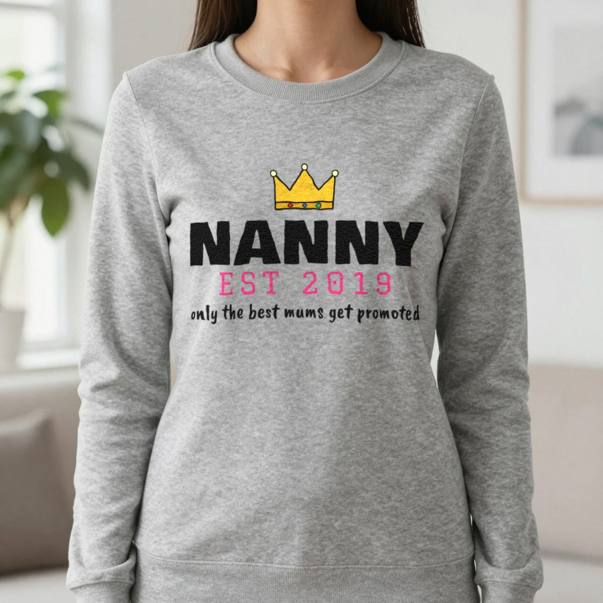 Personalised Nanny Est. T-Shirt & Sweatshirt Sweatshirt in Sport Grey, worn, our photo