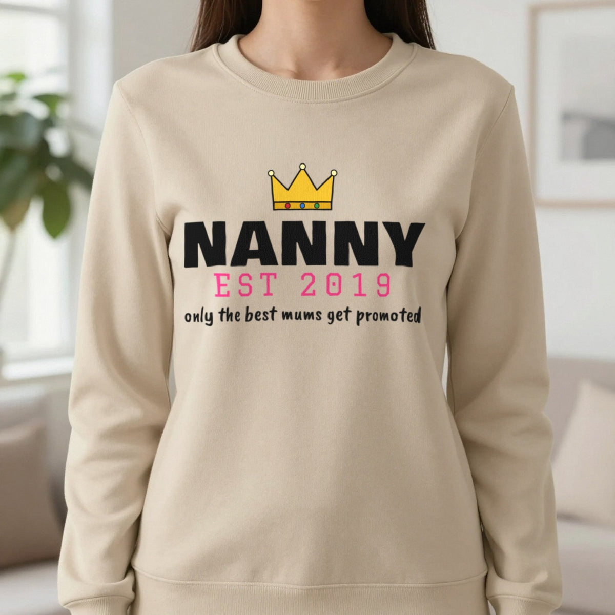 Personalised Nanny Est. T-Shirt & Sweatshirt Sweatshirt in Sand, worn, our photo