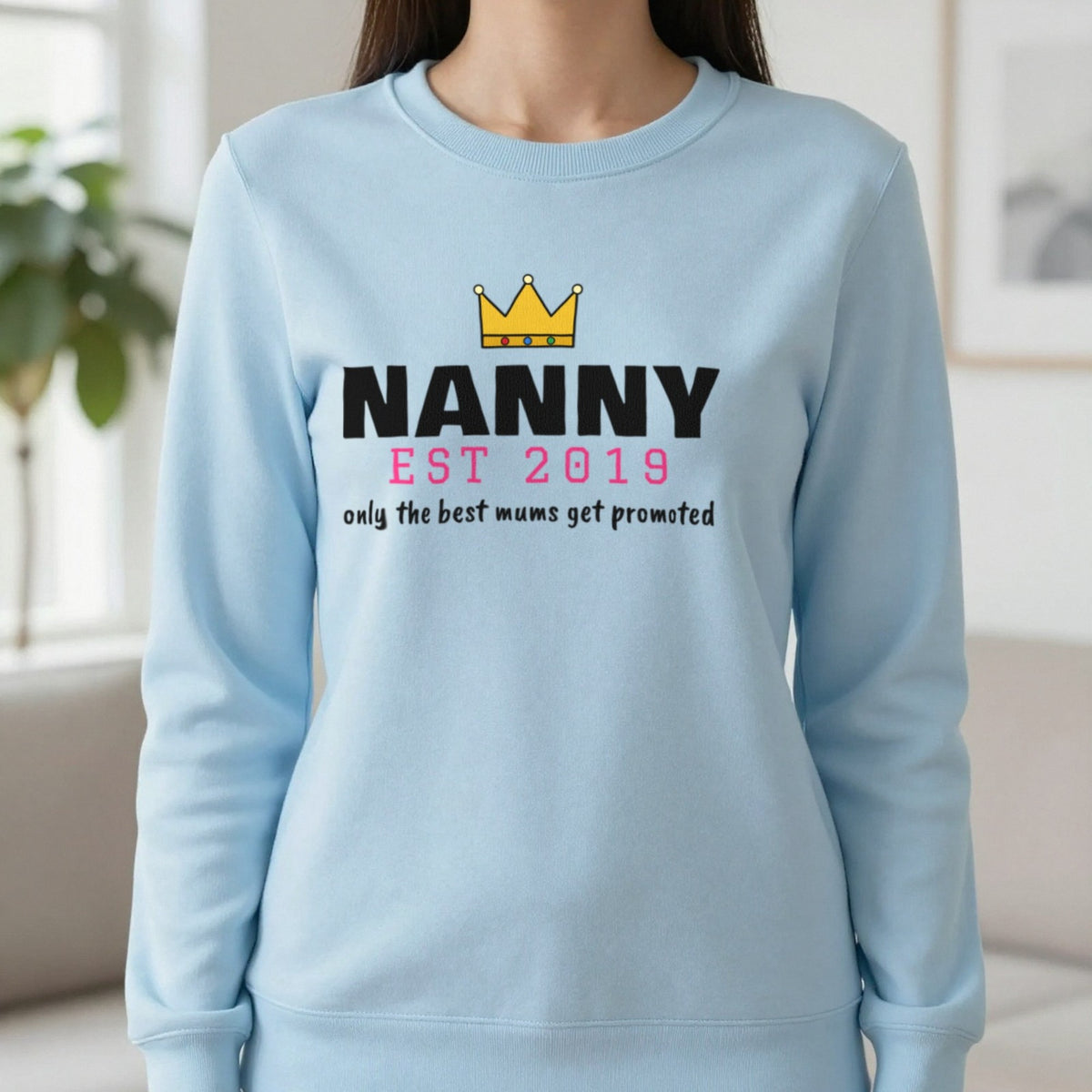 Personalised Nanny Est. T-Shirt & Sweatshirt Sweatshirt in Light Blue, worn, our photo