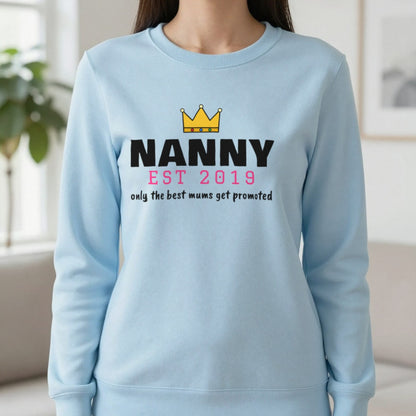 Personalised Nanny Est. T-Shirt & Sweatshirt Sweatshirt in Light Blue, worn, our photo
